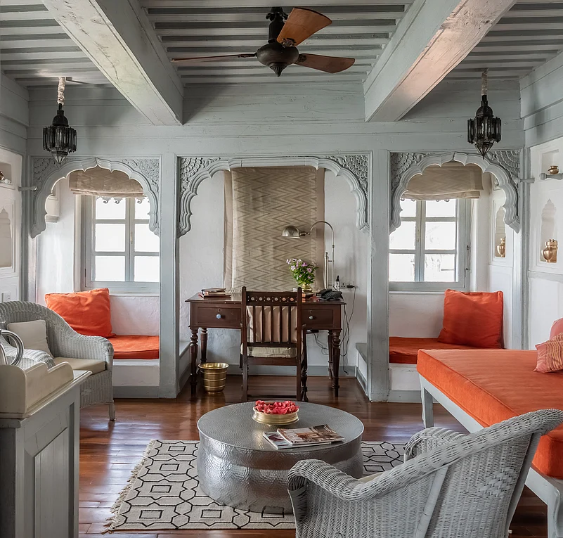 The Narmada suite is spacious and filled with light coming through multiple windows